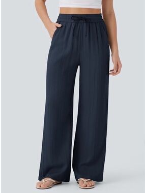 Halara High Waisted Drawstring Pocket Wide Leg Casual Linen-Feel Pants